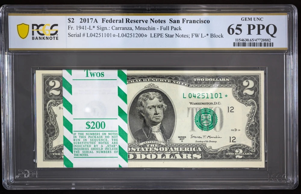 PCGS Gem-65 PPQ 2017-A $2 Star Notes Block