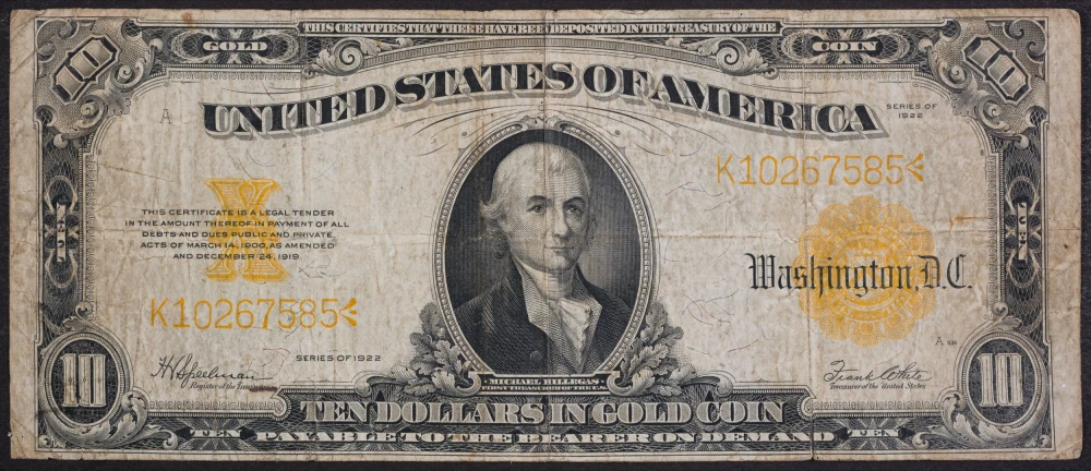 VF 1922 $10 Gold Coin Note