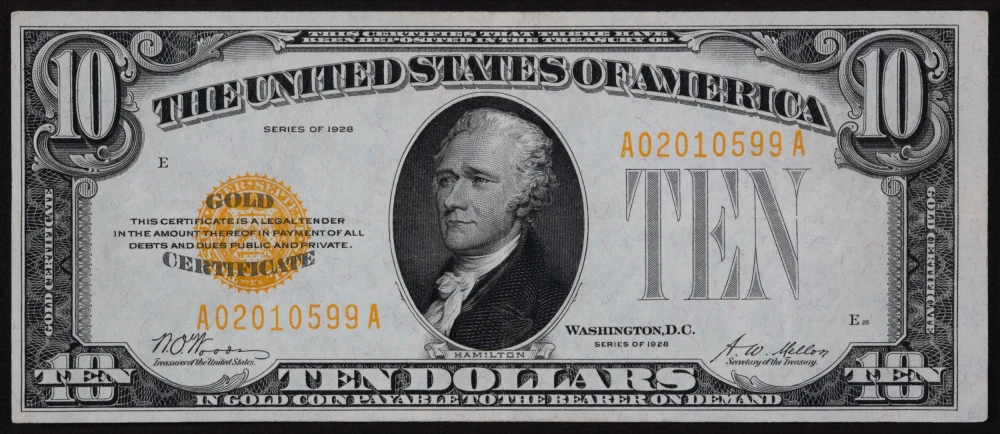 EF+ 1928 $10 Gold Certificate