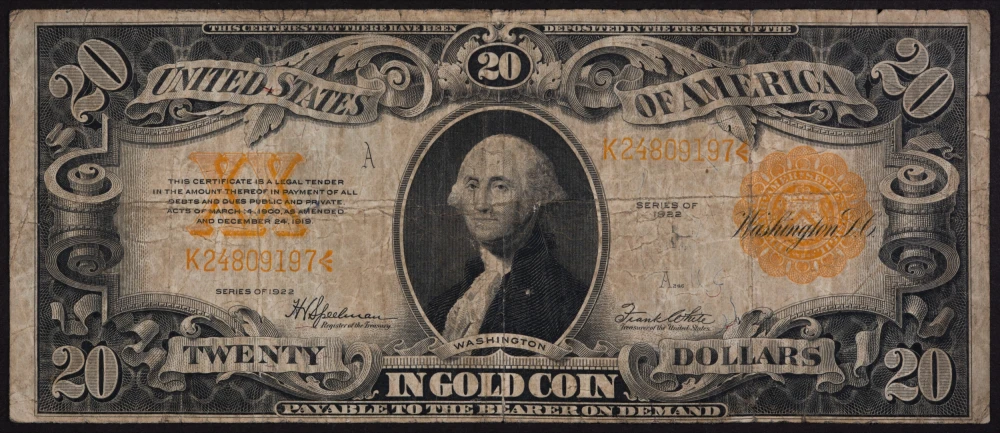 Fine 1922 $20 Gold Note