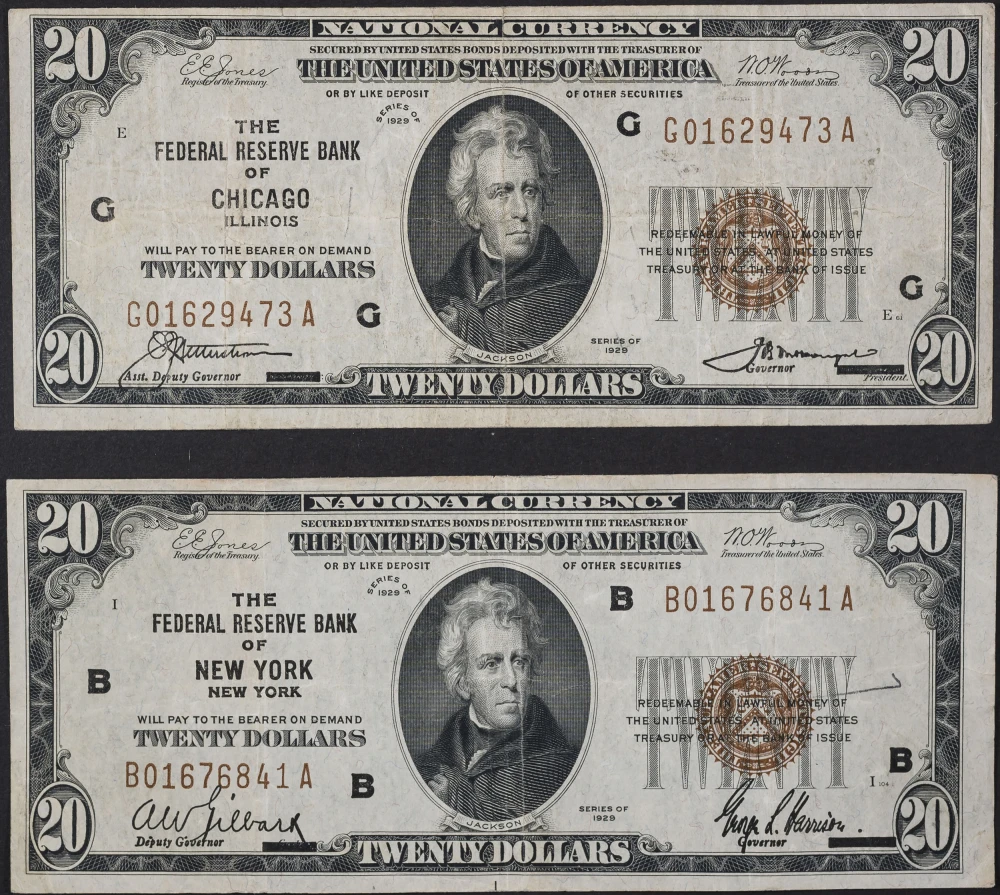 VF Pair of 1929 National Currency $20 Notes