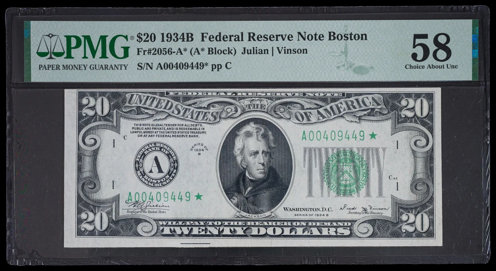 PMG 1934-B $20 Star Note Consecutive Pair
