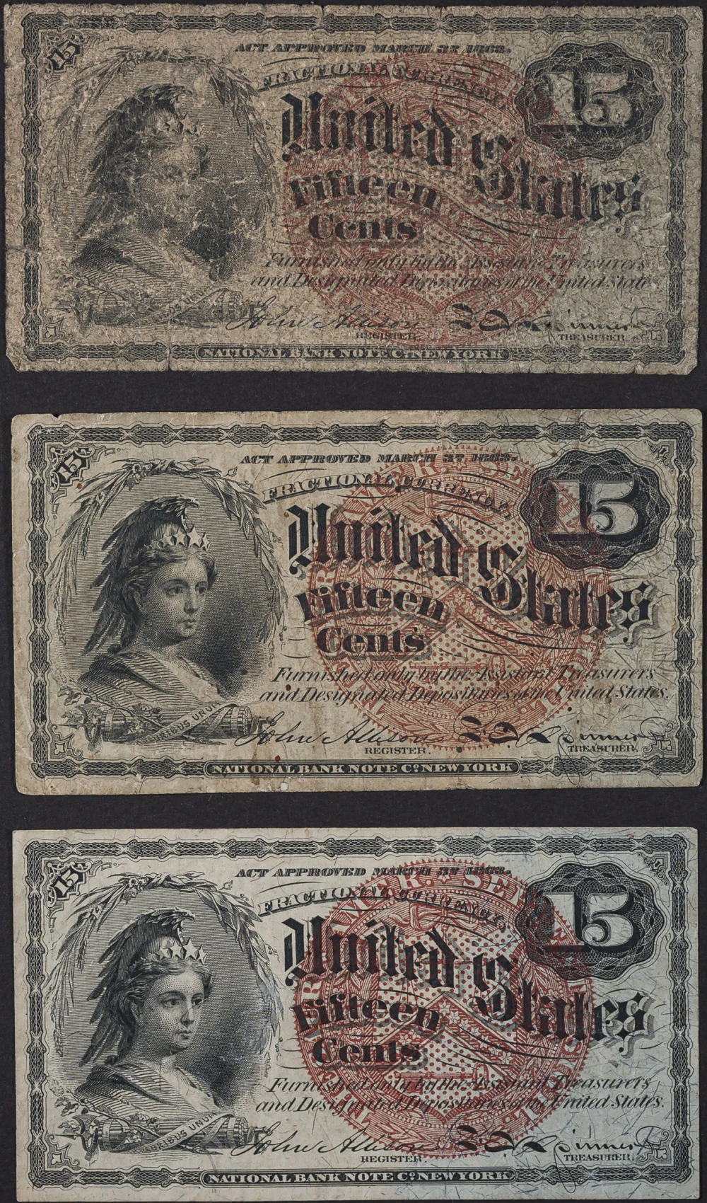 VG to VF Fractional Currency 15-Cents Note Trio