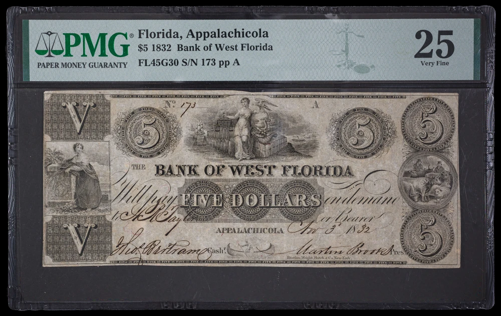 Florida. PMG VF-25 West Florida $5 Note