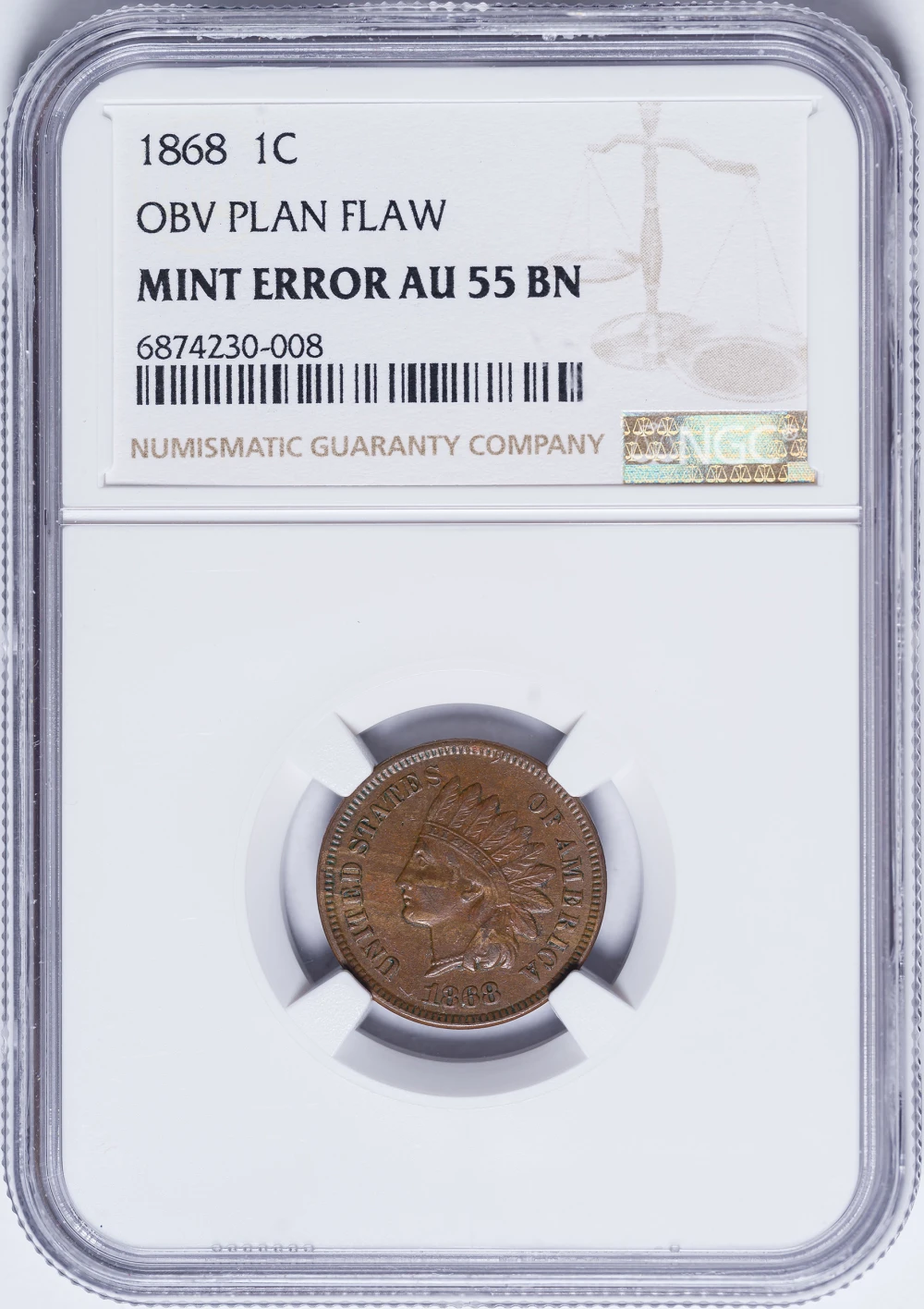 NGC AU-55 Mint Error 1868 Indian Cent