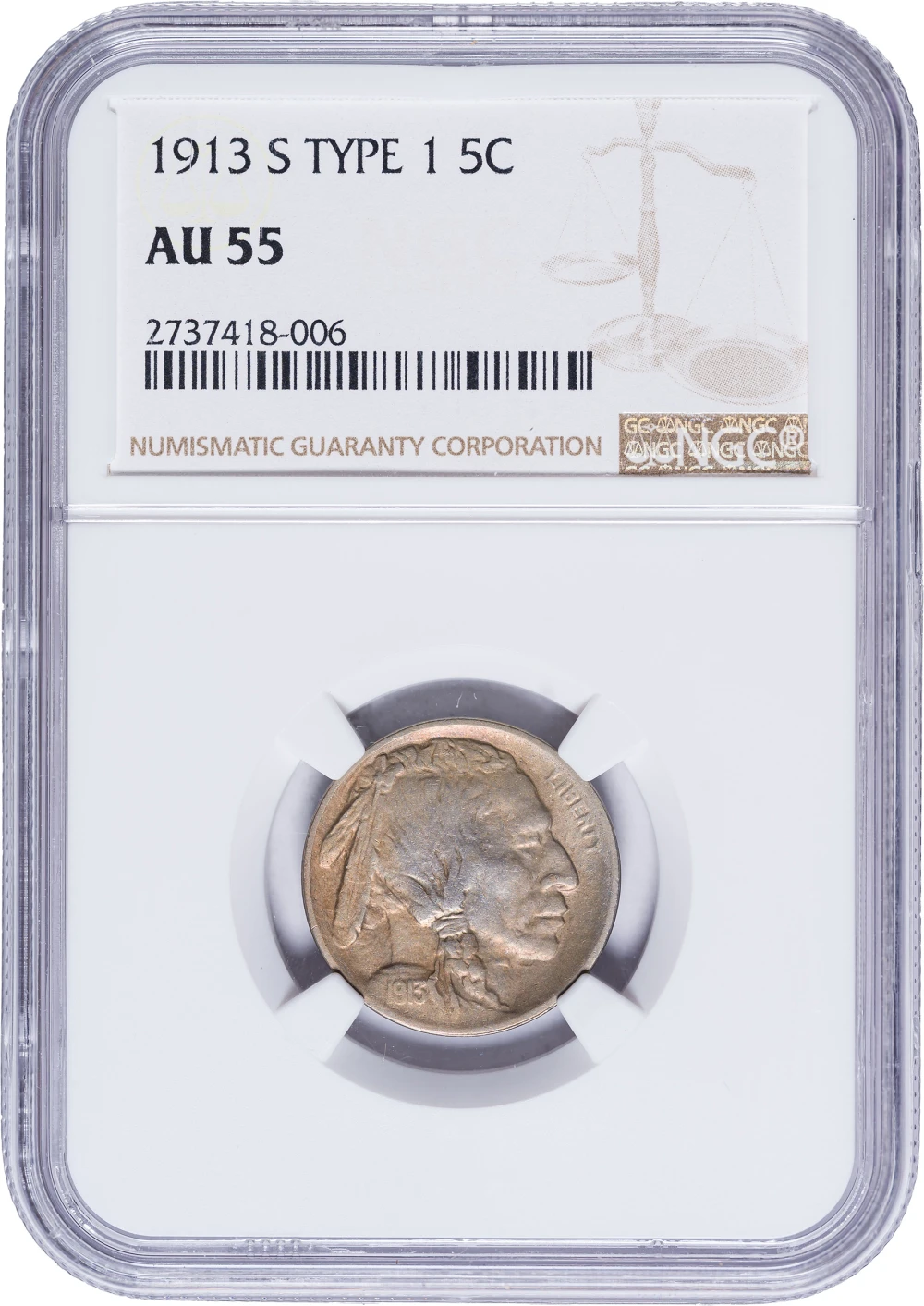 NGC AU-55 1913-S Type I Buffalo Nickel