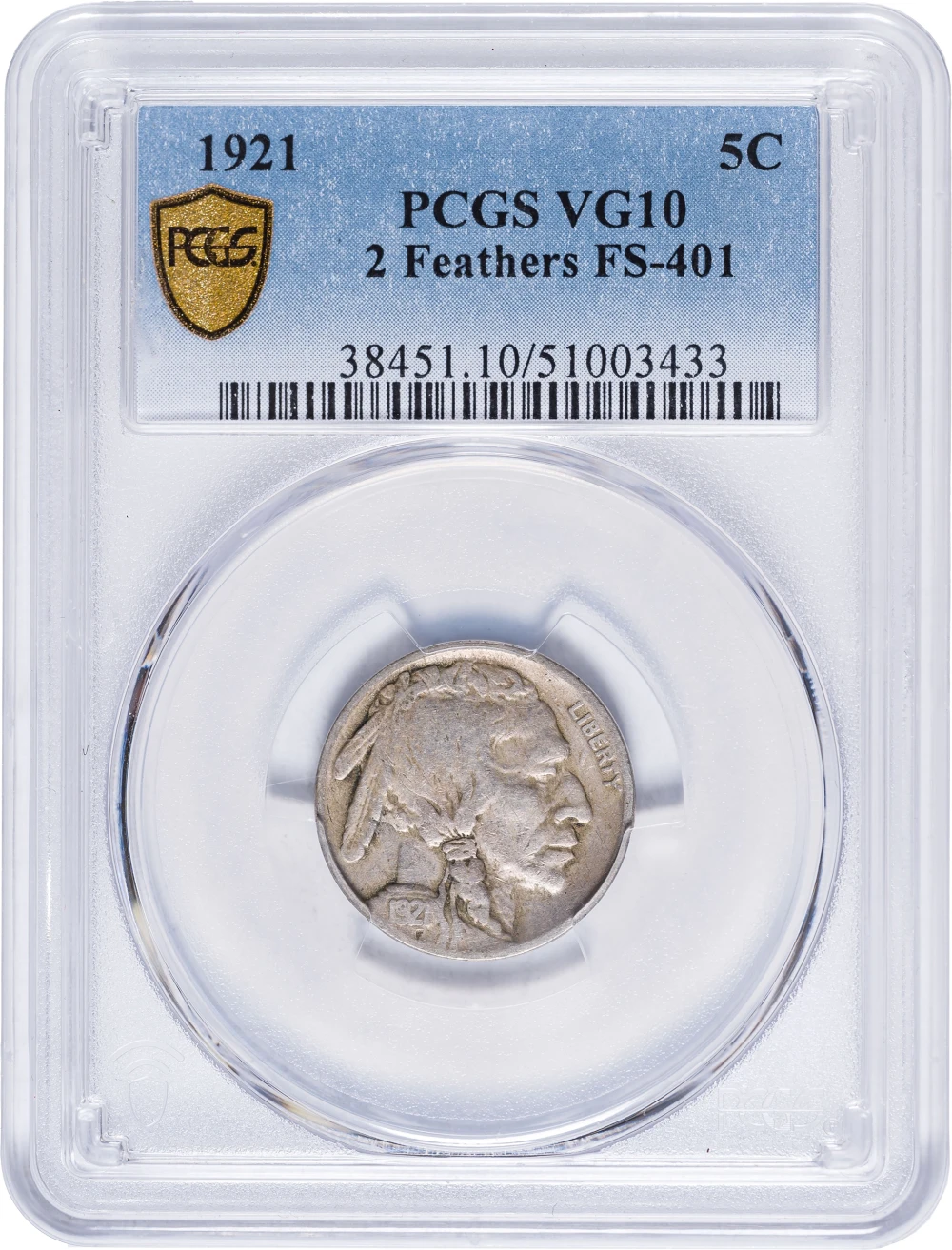 PCGS VG-10 Two Feathers 1921 Buffalo Nickel