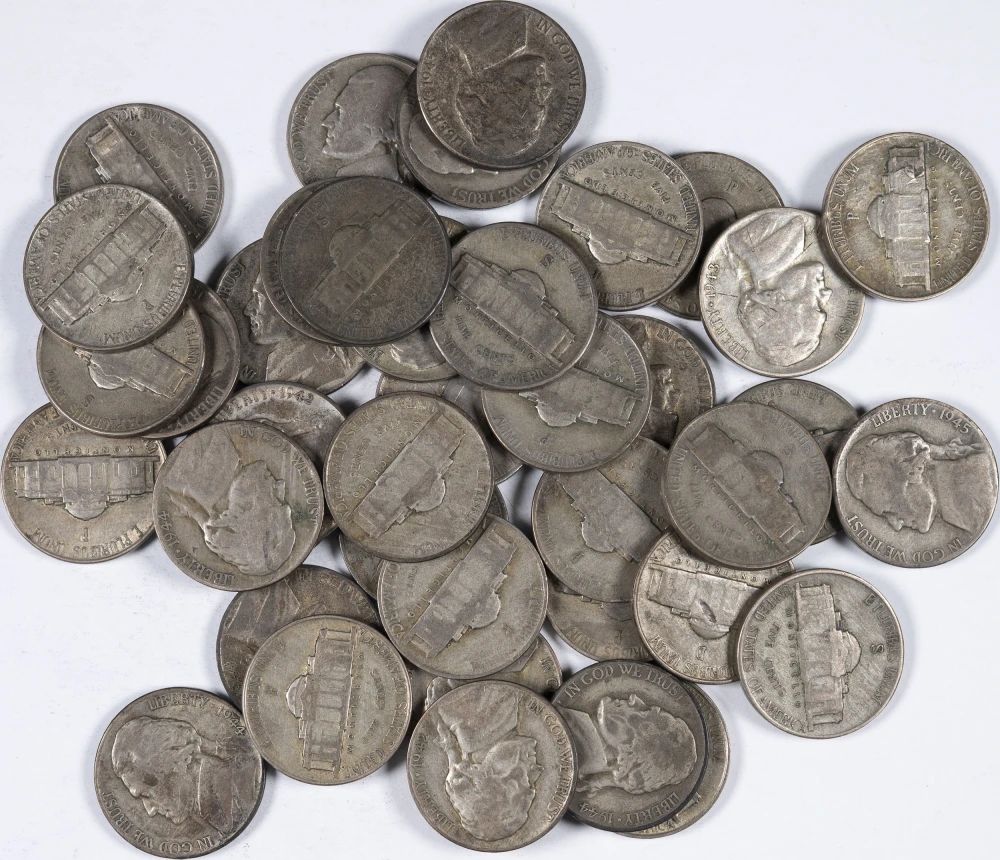 Circulated Roll Of Silver Wartime Nickels.