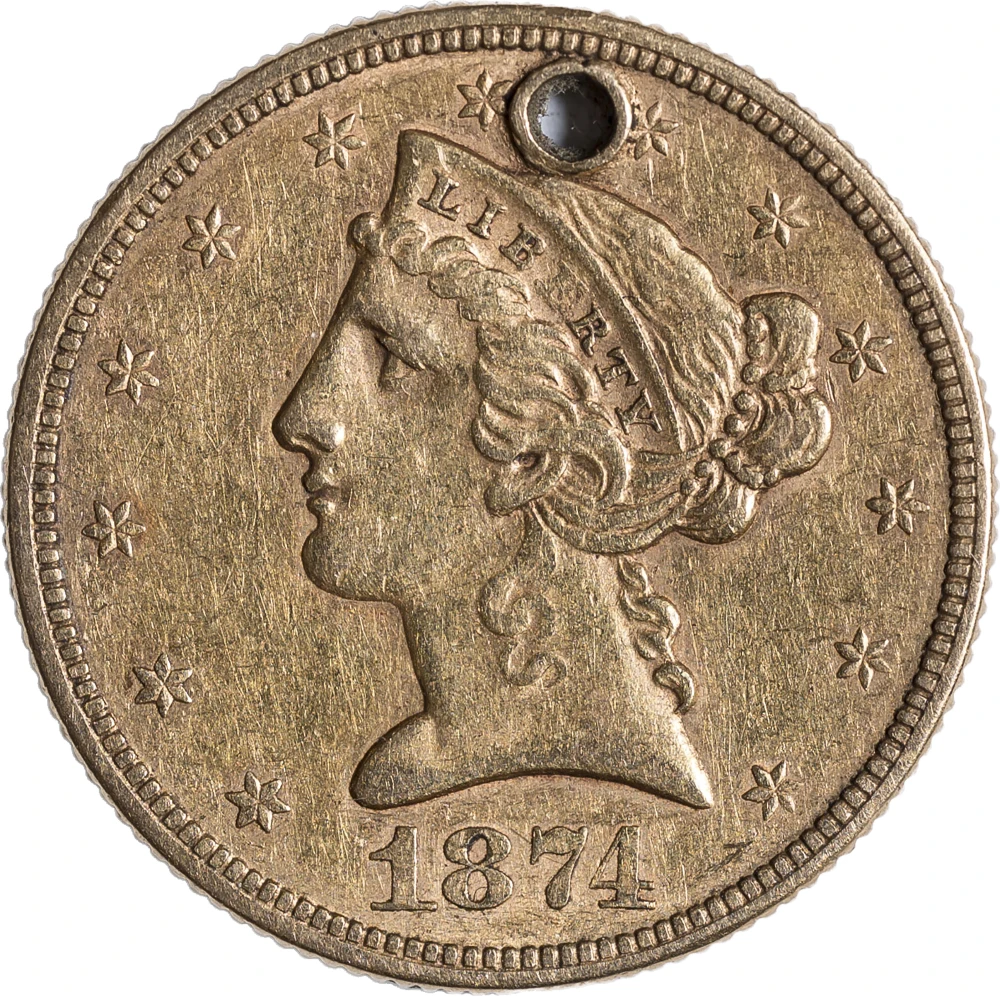 EF to AU Details 1874 $5 Gold Liberty