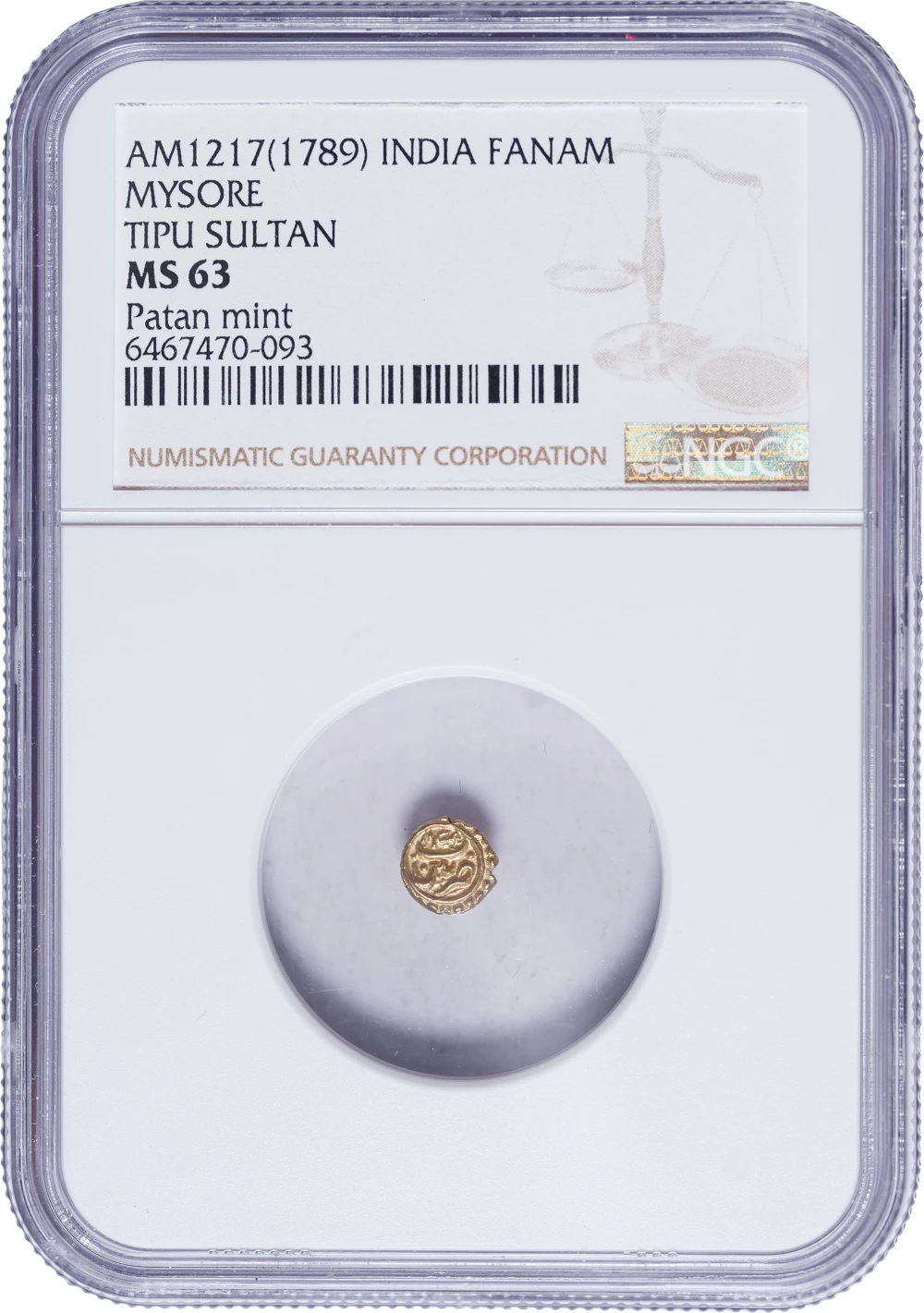 India. Mysore. NGC MS-63 1789 Gold Fanam