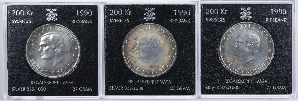 Sweden. 3 Pcs 1990 200 Kronor Silver