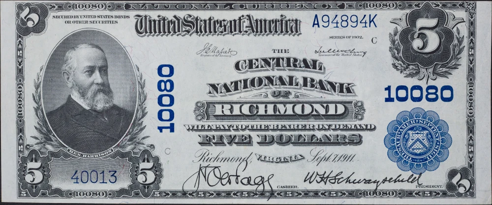 Virginia. EF 1902 National Currency $5