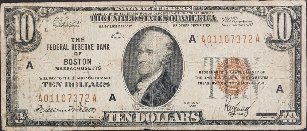 Massachusetts. Boston. Fine National Currency $10