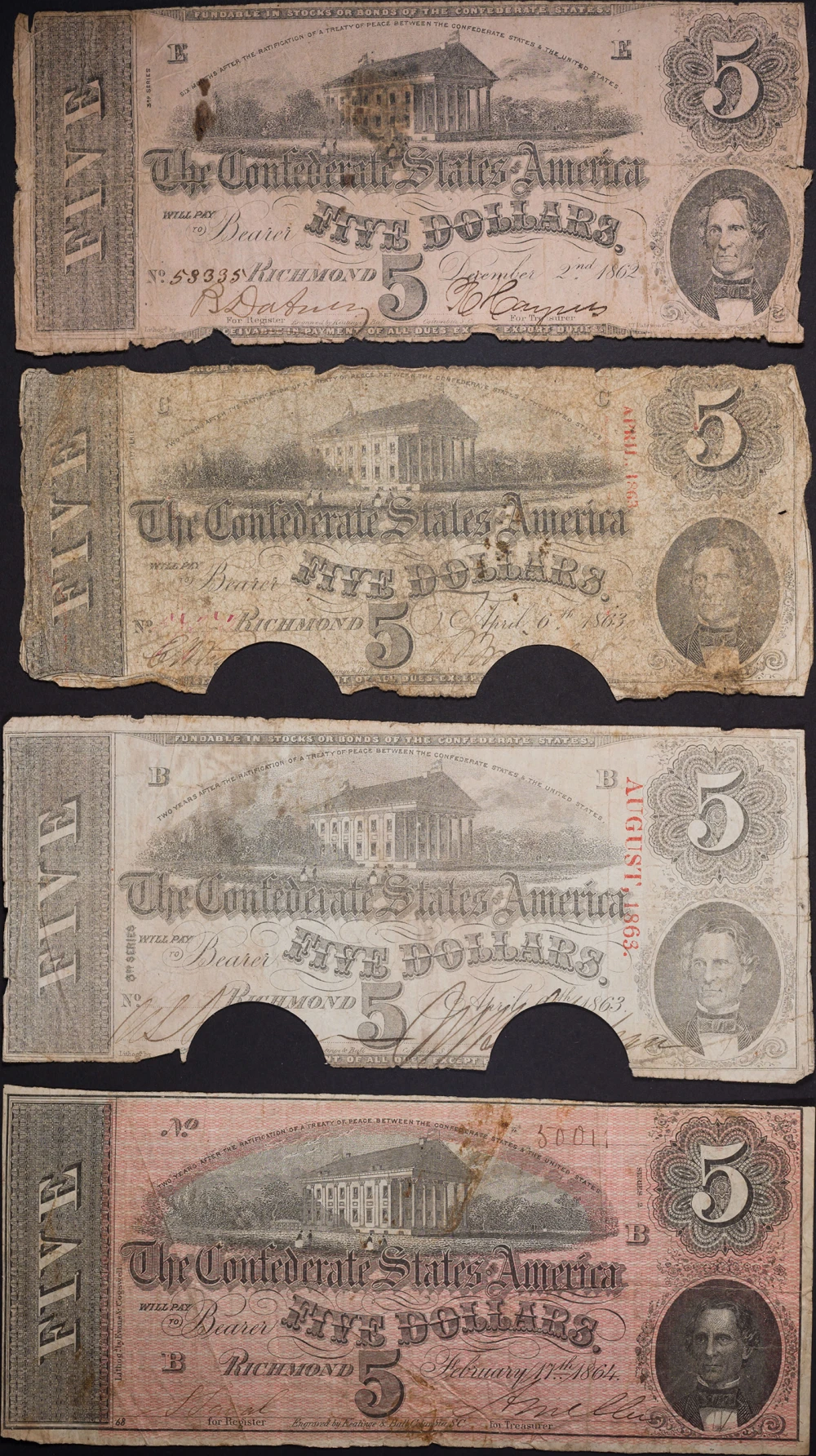 Confederate States. Quartet of VG to VF $5 Notes