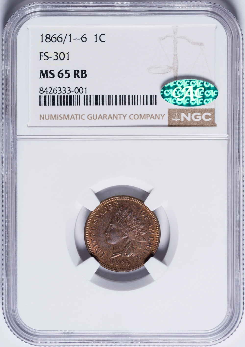 NGC MS-65 RB 1866 CAC Re-cut Date Indian Cent