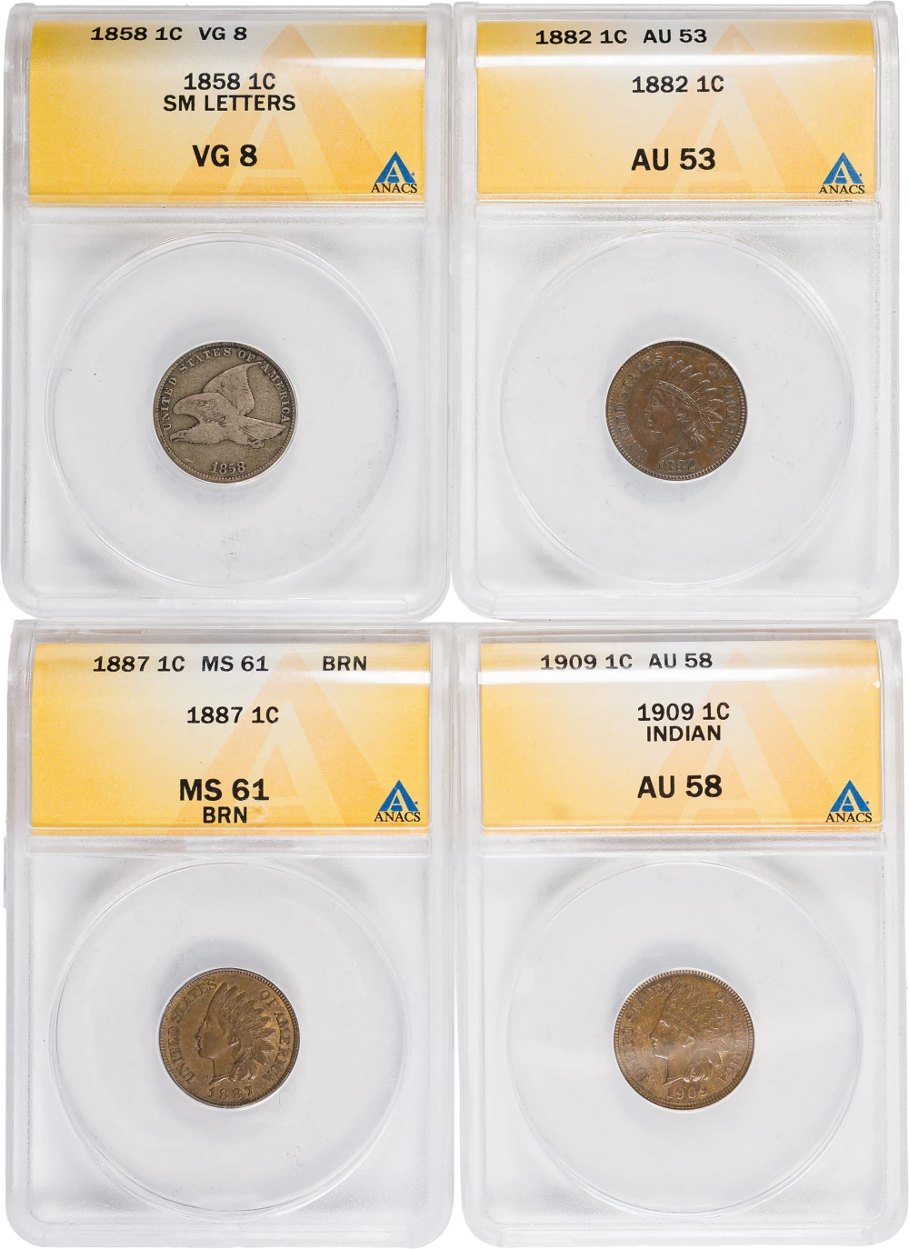 ANACS Flying Eagle and Indian Cent Quartet