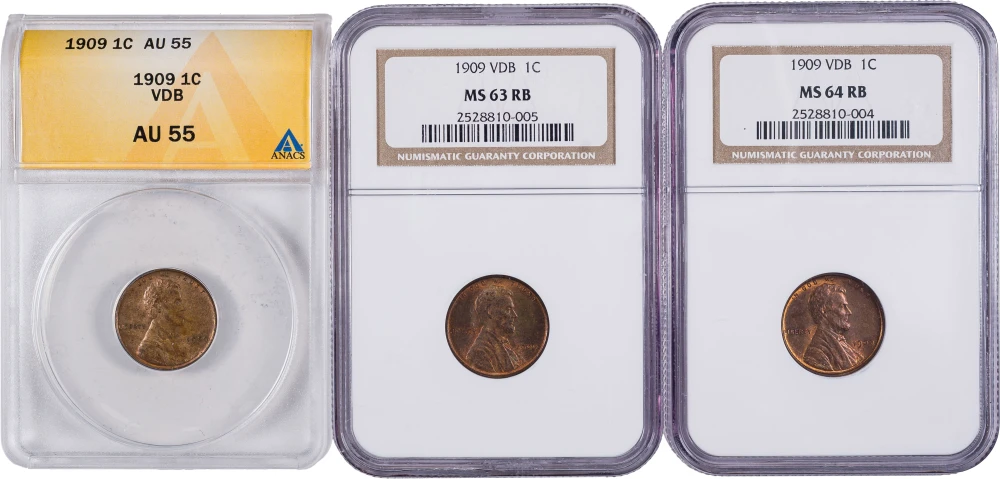 Three Certified 1909 V.D.B. Cents