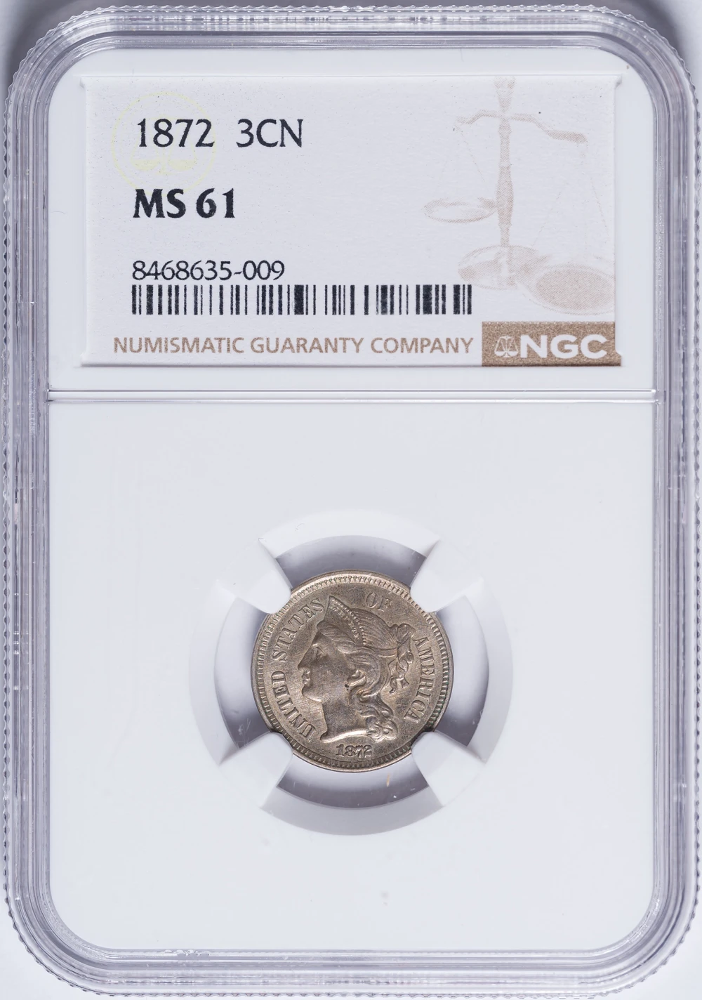 NGC MS-61 1872 Nickel Three-Cents