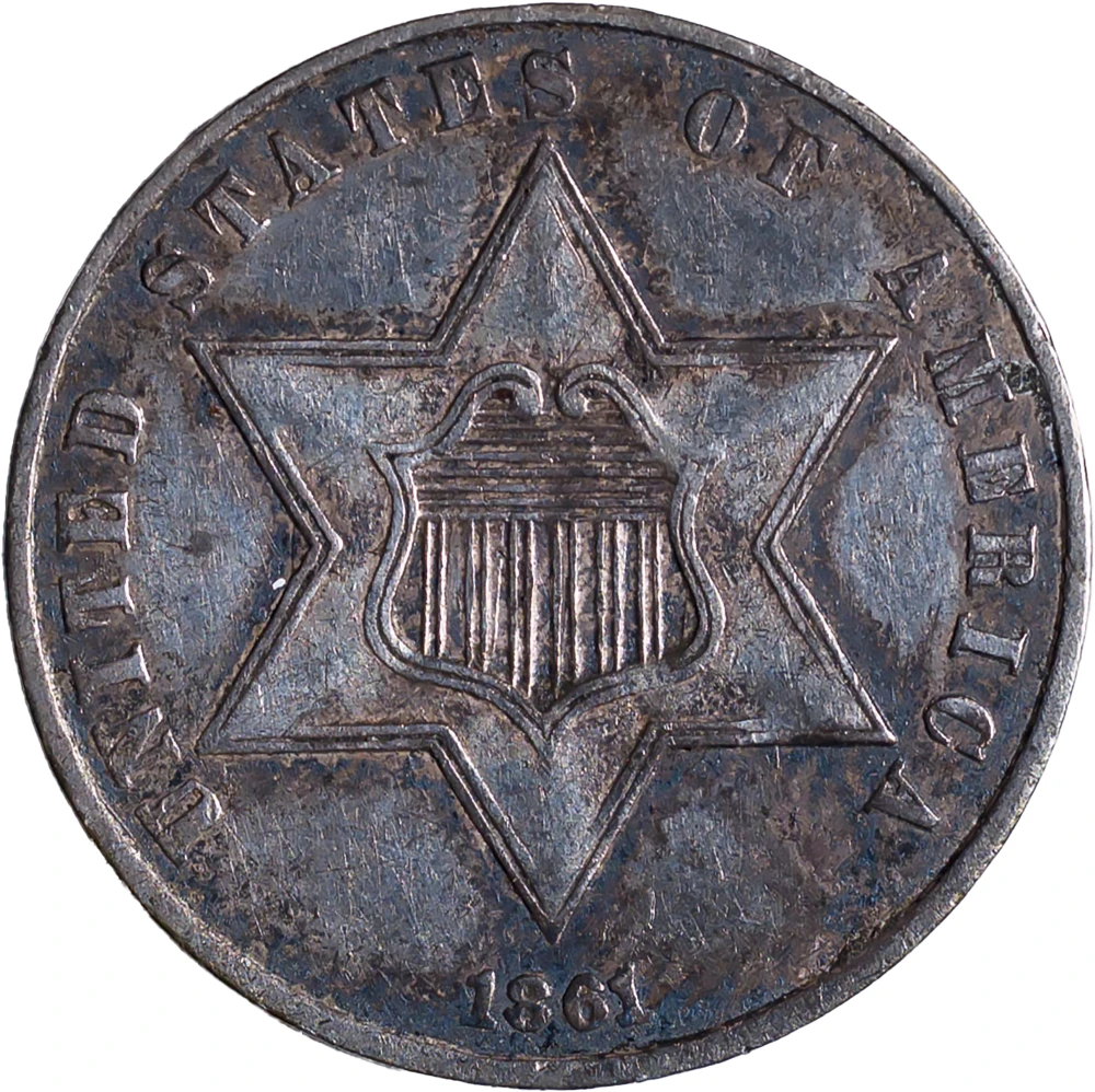 AU-50 1861 Silver Three-Cents