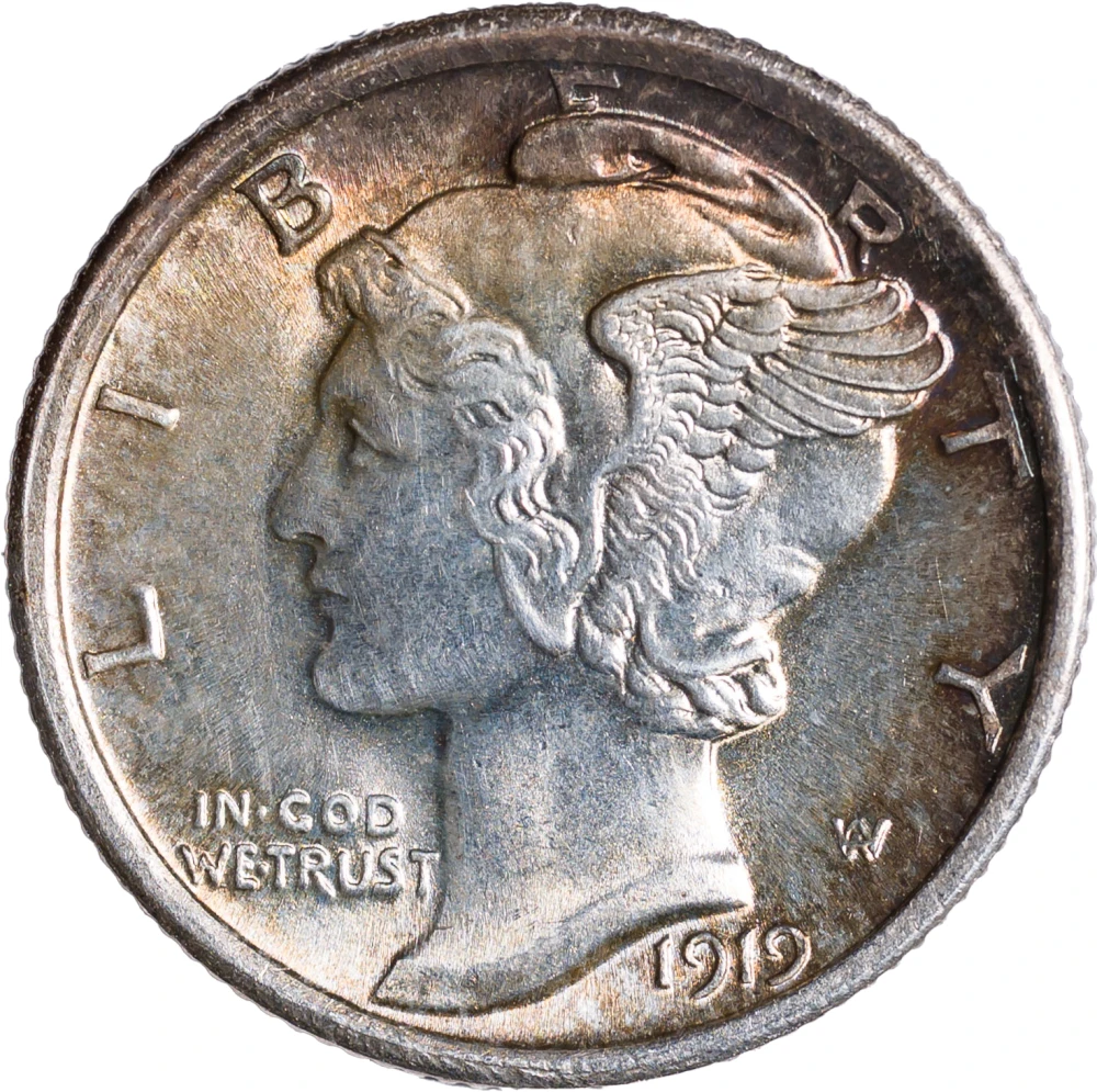 Gem MS-65 1919 Toned Split Bands Dime