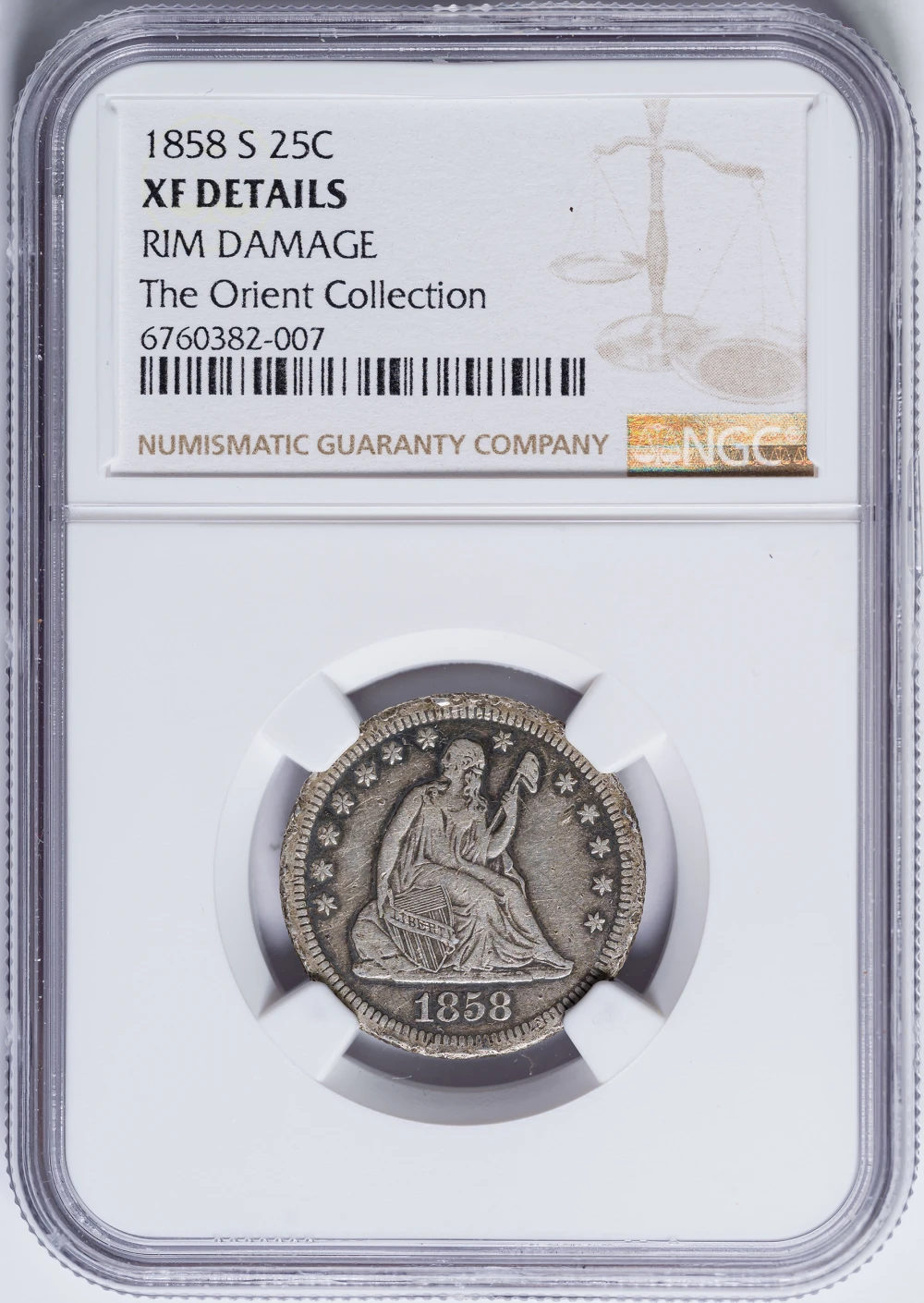 NGC EF Details 1858-S Seated Quarter