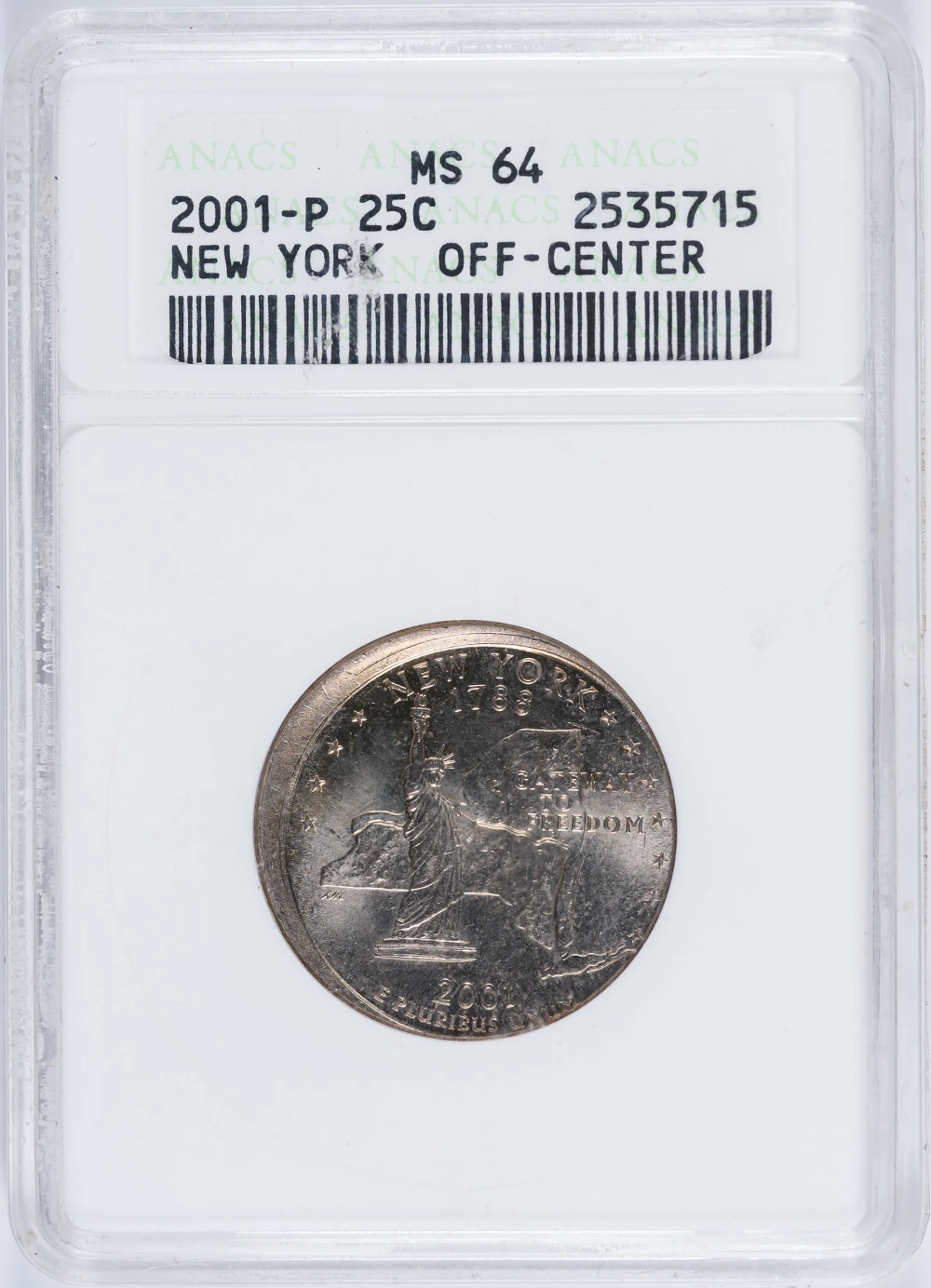ANACS MS-64 2001 New York Quarter Error