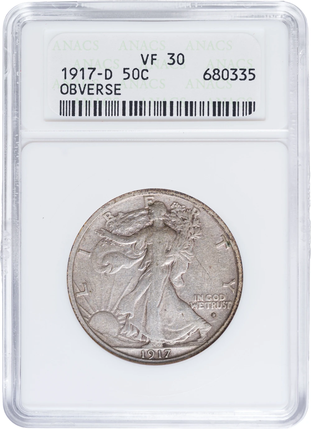 ANACS VF-30 1917-D Obv. Walking Liberty Half Dollar