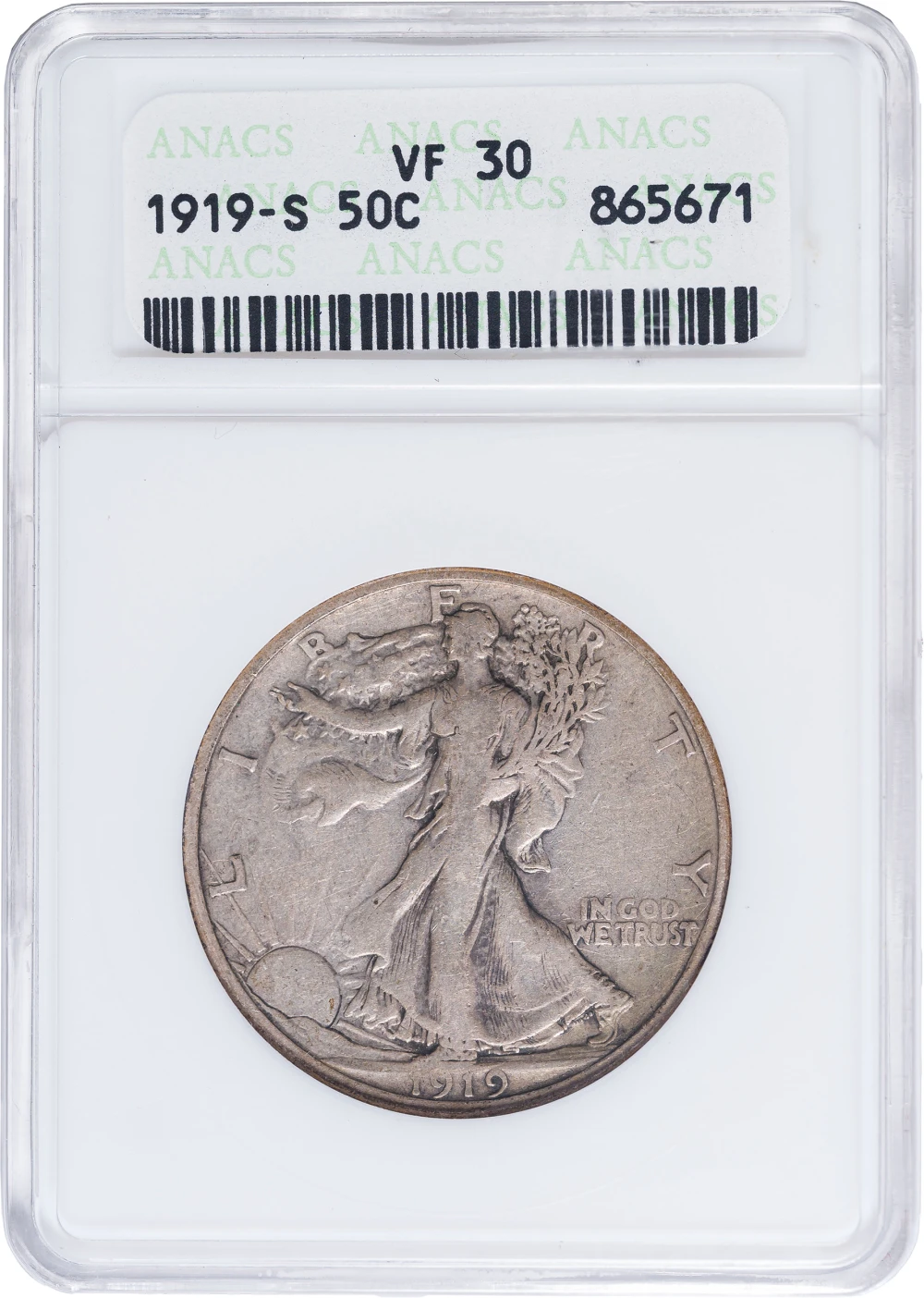 ANACS VF-30 1919-S Walking Liberty Half Dollar