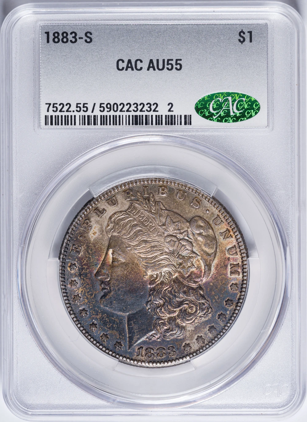 CACG AU-55 Toned 1883-S Morgan Dollar