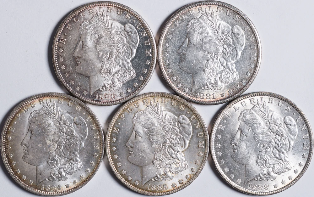 Five Different MS-60 to MS-62 Morgan Dollars