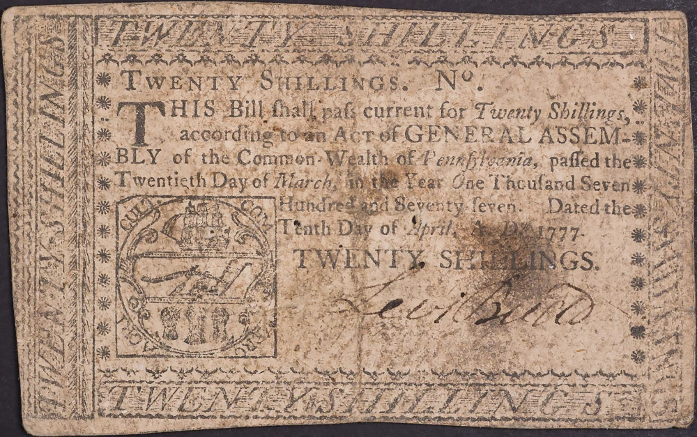 Pennsylvania. VF 1777 20 Shillings Note