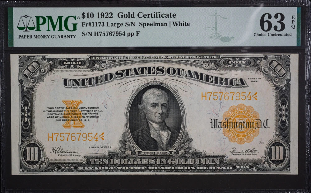 PMG Choice Unc-63 EPQ 1922 $10 Gold Certificate