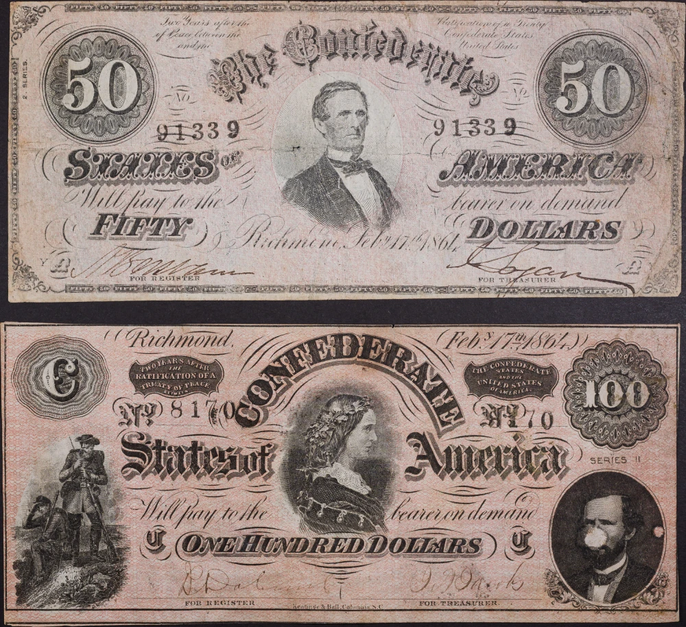 Confederate States. Large Denomination Note Pair