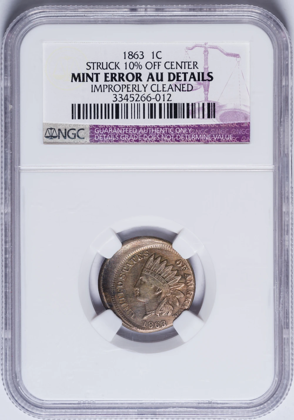 Mint Error. NGC AU Details 1863 Indian Cent