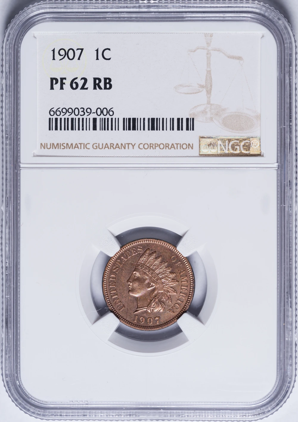 NGC Proof-62 RB 1907 Indian Cent