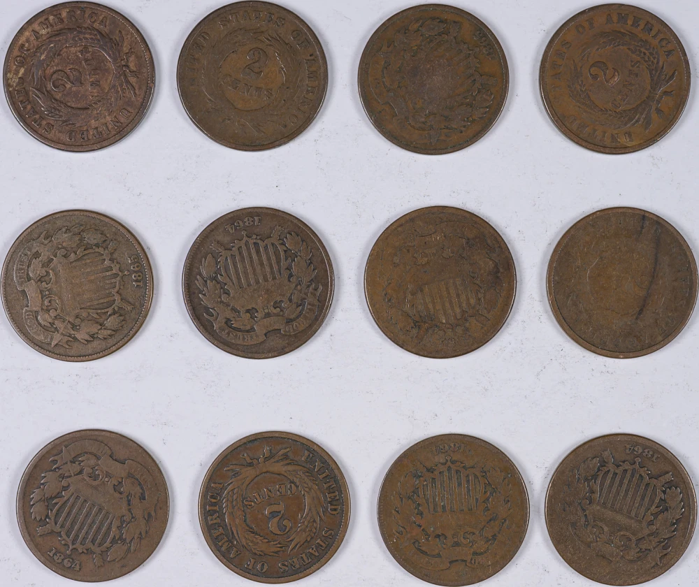12 Pieces Good+ Two Cent Pieces.