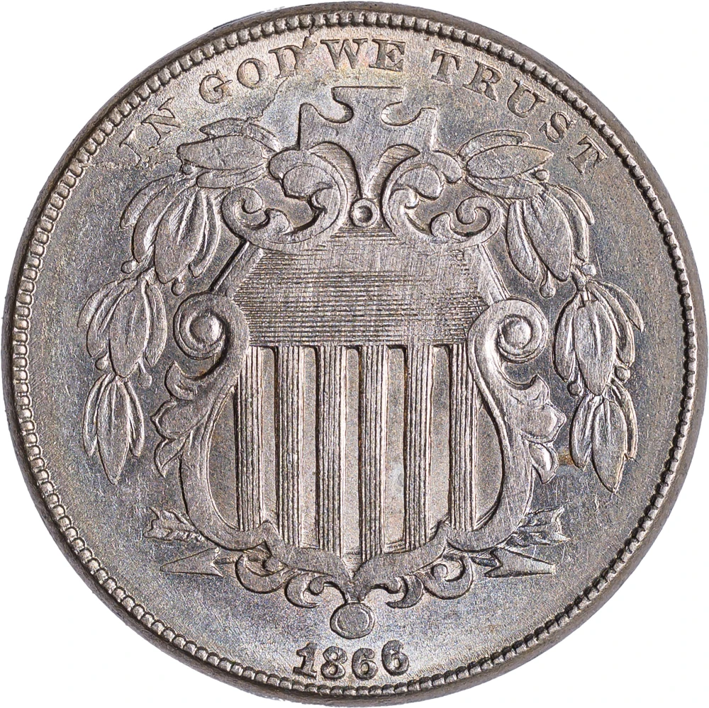 AU-58 1866 Rays Shield Nickel