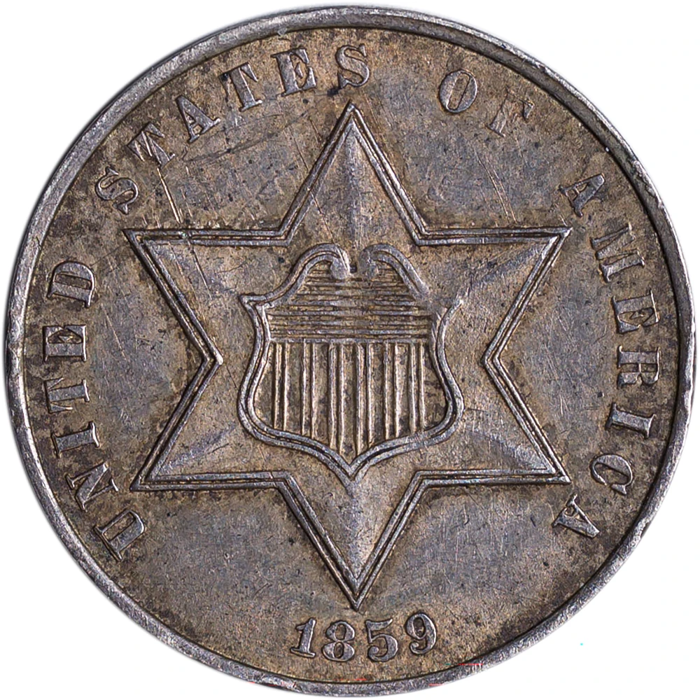 AU-58 1859 Three Cent Silver
