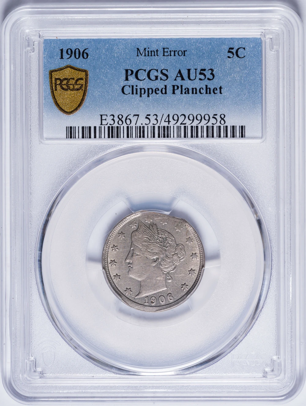 Mint Error. PCGS AU-53 1906 Liberty Nickel