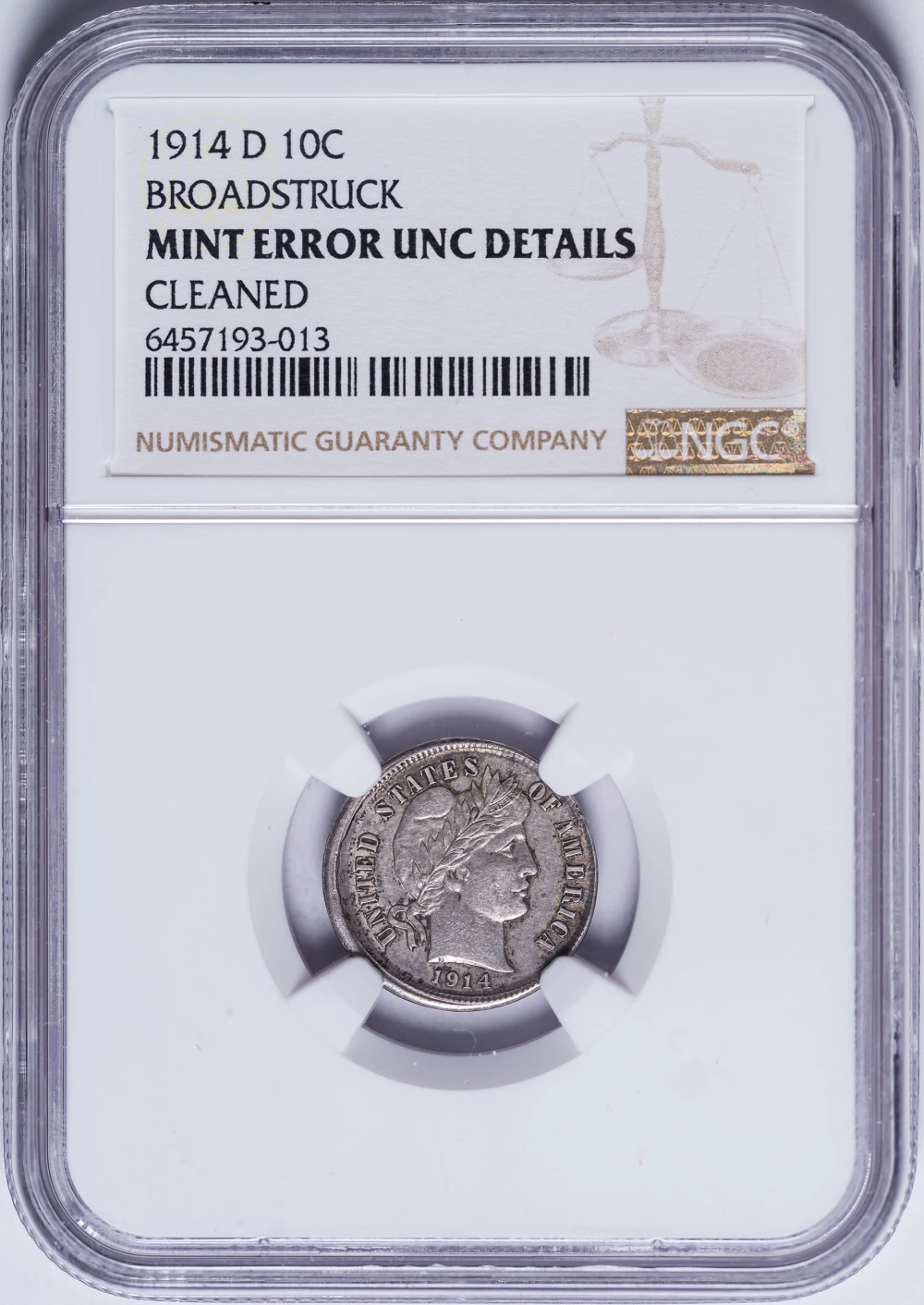 Mint Error. NGC Unc Details 1914-D Barber Dime