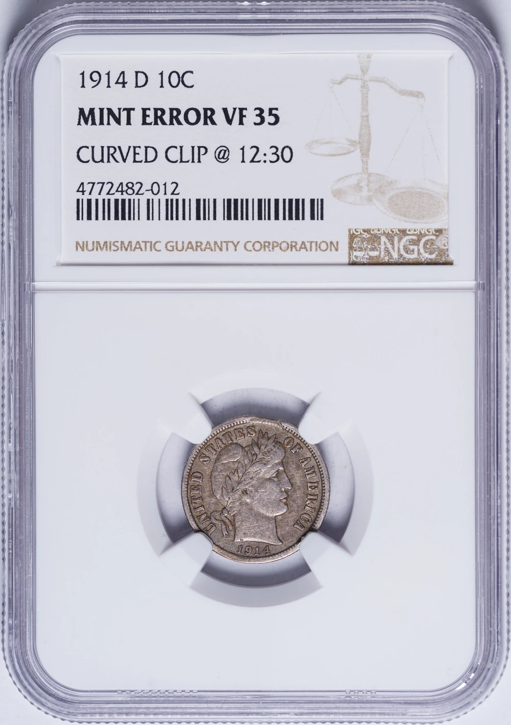 Mint Error. NGC VF-35 1914-D Barber Dime