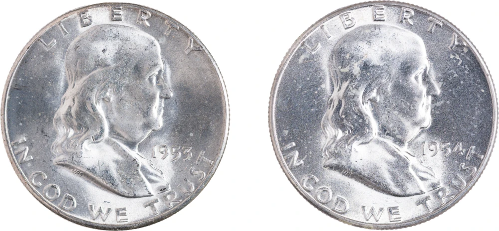 Gem BU-65 1953-S & 1954-S Franklin Half Pair