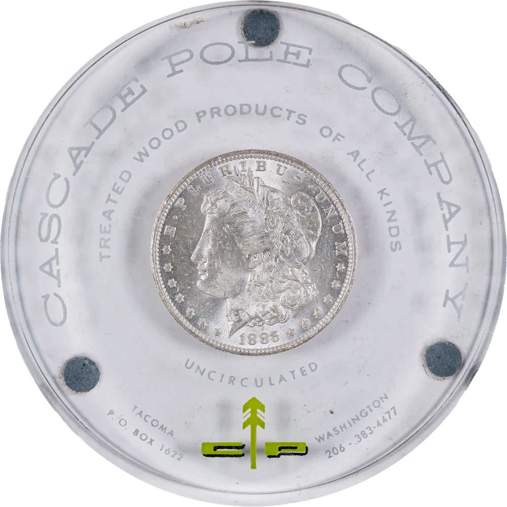 Unc Lucite Encased 1885-O Morgan Dollar