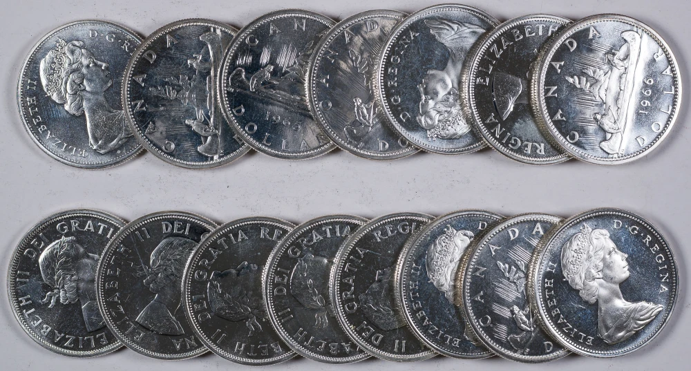 Canada. 15 Pcs BU Mixed 1964-66 Silver Dollars