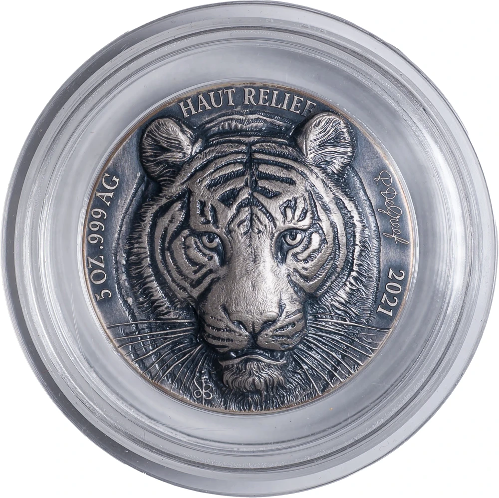 Ivory Coast. 2021 High Relief 5 Oz Silver Tiger