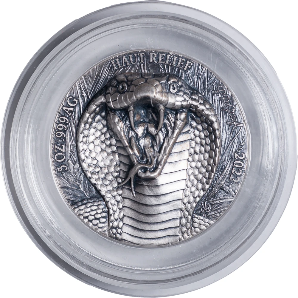 Ivory Coast. 2022 High Relief 5 Oz Silver Cobra