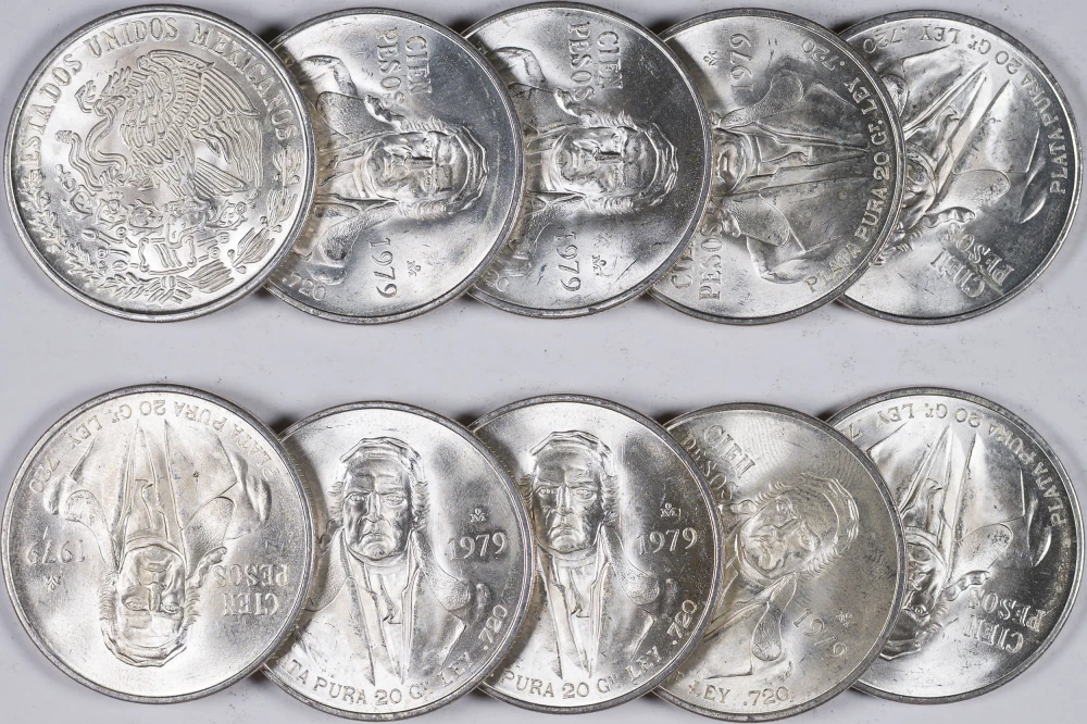Mexico. 10 Pieces 1979 BU $100 Peso Silver