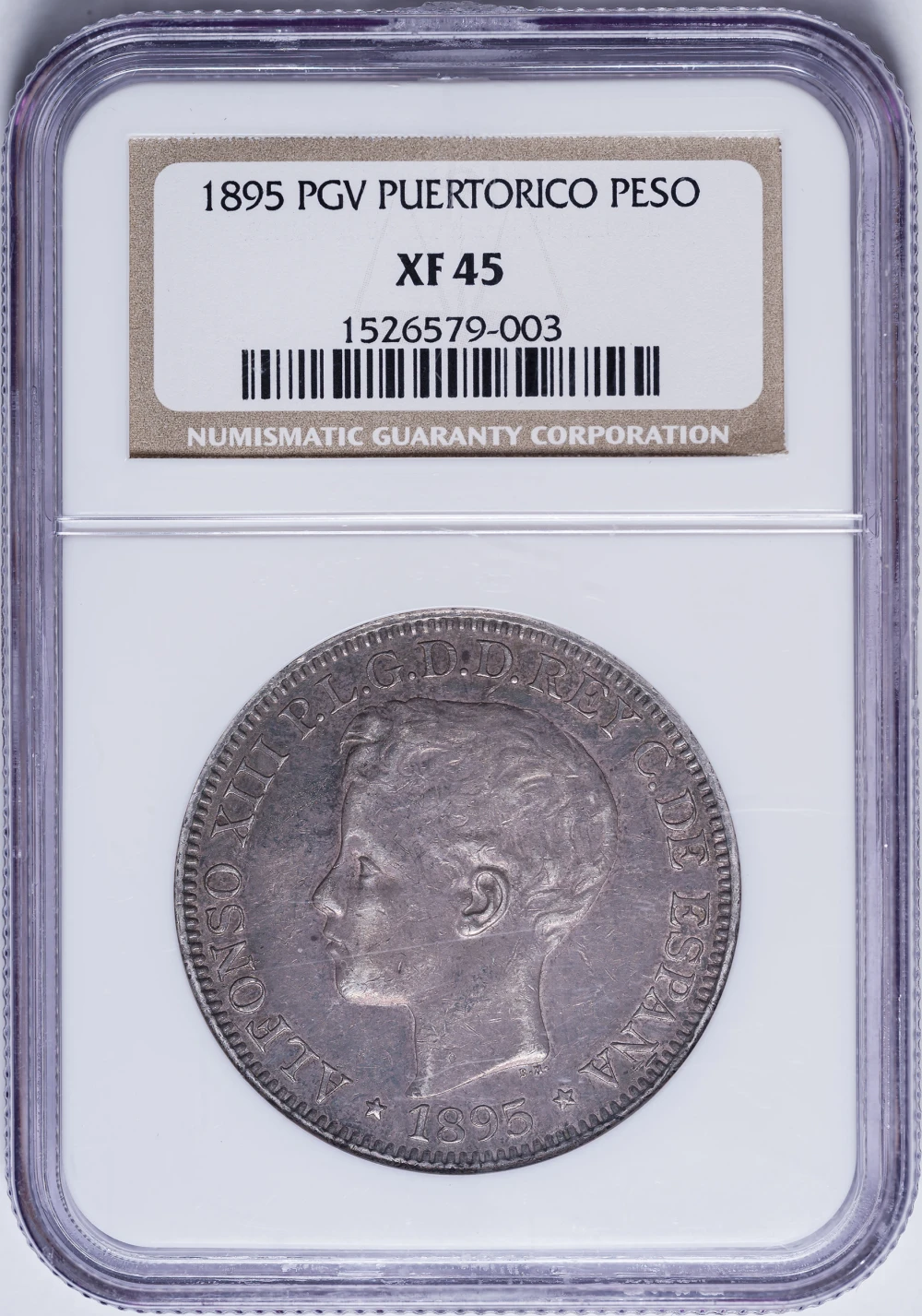 Puerto Rico. NGC EF-45 1895-PGV Peso
