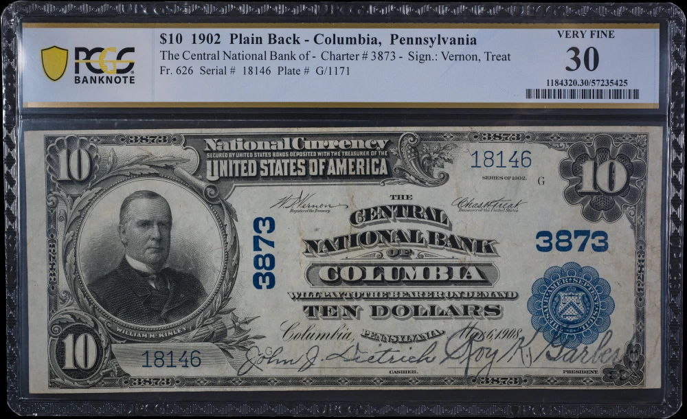 PCGS VF-30 1902 $10 Plain Back Columbia PA