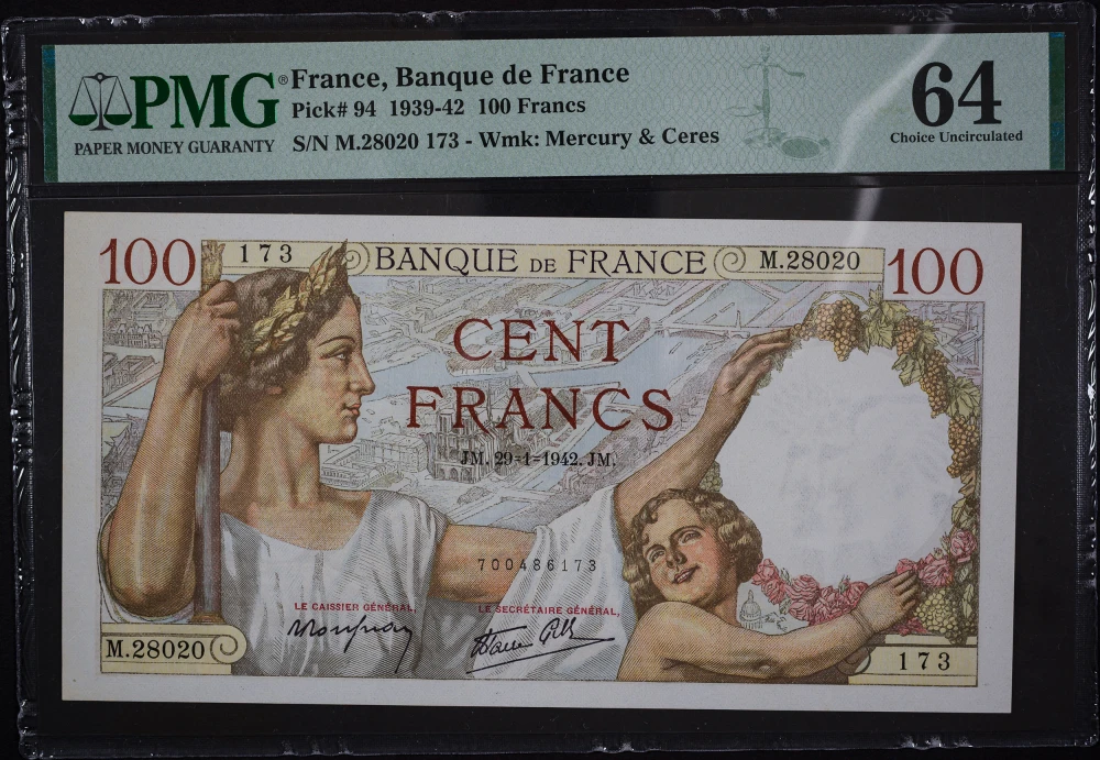 France. PMG Choice UNC-64 1939-42 100 Francs